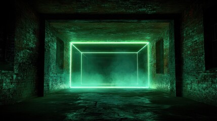 Fototapeta premium Empty industrial room bathed in neon green light with laser beams and smoke