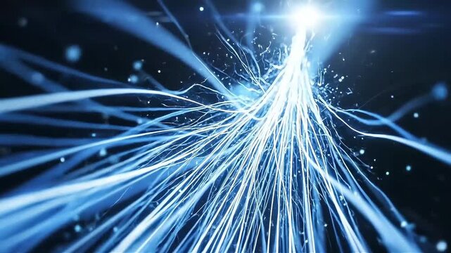 Dynamic energy burst of brilliant blue light streaks radiating outwards from a central point symbolizing innovation speed and technological advancement against a dark background