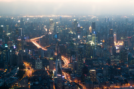 Aerial Night Landscape of Shanghai Highways and High Rises, China