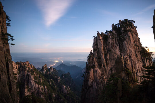 Scenic Sunset over Rocky landscape, Huangshan mountain, China