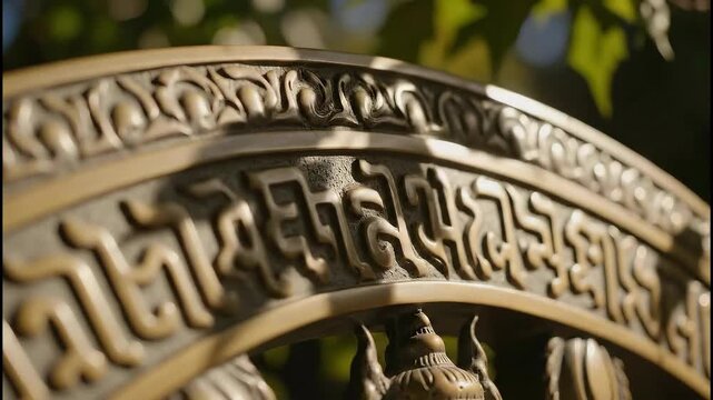 Close Up Of Ornate Golden Dharma Wheel With Ancient Script And Intricate Carvings Detailed Texture In Sunlight With Blurred Green Foliage Background
