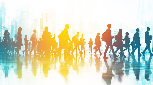 都市を行き交う人々のシルエットとビジネス街
