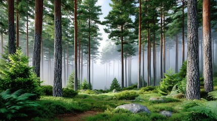 Misty pine forest with ferns and rocks