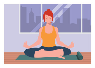 Young woman practicing yoga inside a room with city skyscraper silhouette on the background. simple flat illustration.