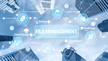 A futuristic cityscape featuring skyscrapers, illustrated icons of file management, cloud storage, and other technology solutions. Ideal for digital innovation themes. Tessel