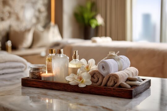 Elegant spa products on a wooden tray in a premium resort room for massage services