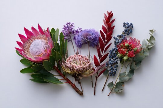 Flat lay of Australian native flower arrangement with pink king protea, protea neriifolia, purple banksia and blue foliage on white background with copy space