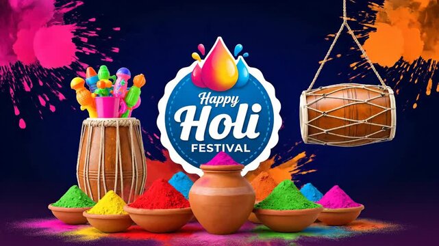 Happy Holi Festival Greeting Dhol Gulal Colors Indian Celebration Template