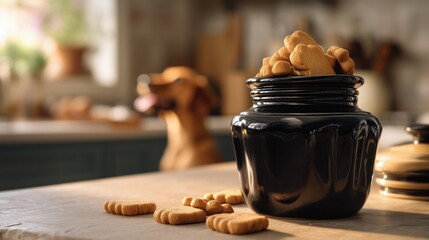 Dog treats in black jar on kitchen counter
