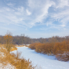frozen winter river with forest on coast at the bright day