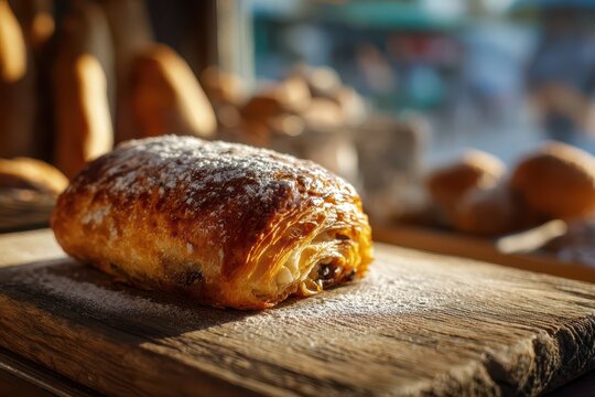 Freshly baked pain au chocolat photographed in a warm bakery setting, buttery crust and rich chocolate