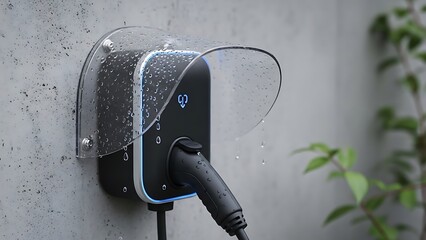 An electric vehicle charger with a protective cover is mounted on a gray wall next to green leaves on a rainy day.