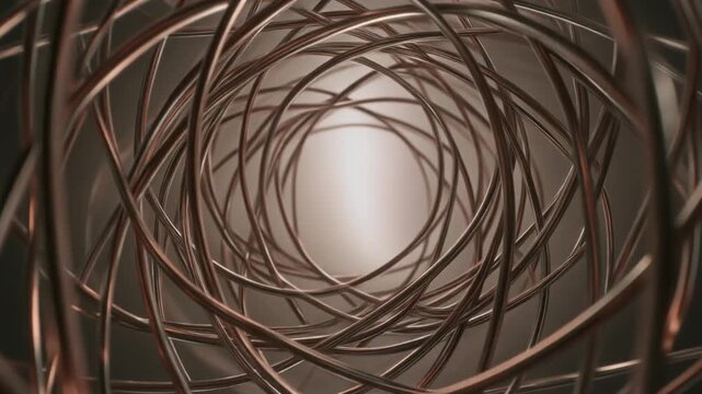 Intricate abstract tunnel of interconnected metallic rings, forming a mesmerizing swirling pattern in a 3D render that evokes complexity, futuristic design, and a profound sense of depth and motion