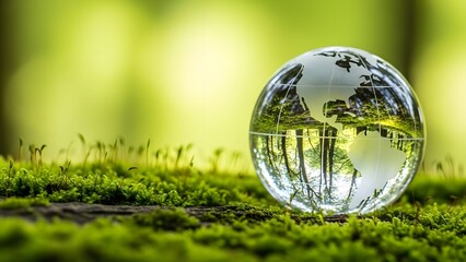 Eco friendly earth concept with crystal globe on green mossy forest floor reflecting trees, symbolizing environmental conservation and sustainability, green world, eco friendly, save earth