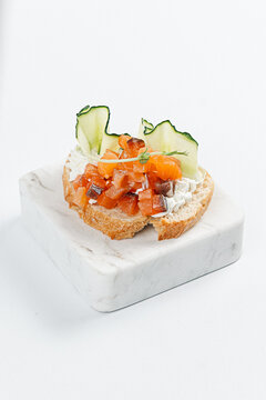 Smoked Salmon Bruschetta with Cream Cheese and Cucumber Ribbons