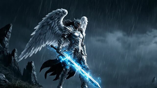Male angel warrior in full armor holding glowing sword with white wings during a stormy night with lightning in a mountainous landscape
