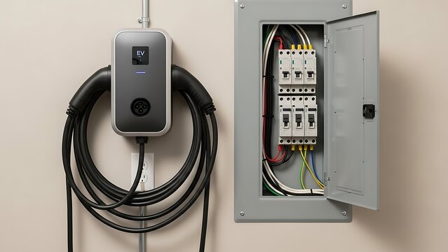 An electric vehicle charging station with a coiled cord is mounted next to an open electrical panel with exposed wiring on a beige wall.