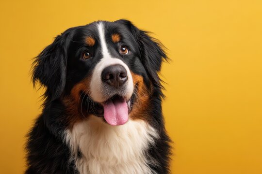 Cheerful Fluffy Bernese Mountain Dog with Tongue Out on Solid Yellow Backdrop