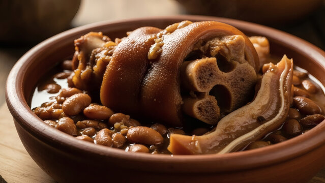 Traditional Pig Trotter Bean Stew in Clay Bowl, Rustic Close-Up