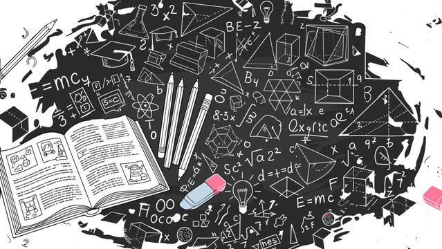 Blackboard with math equations and school supplies