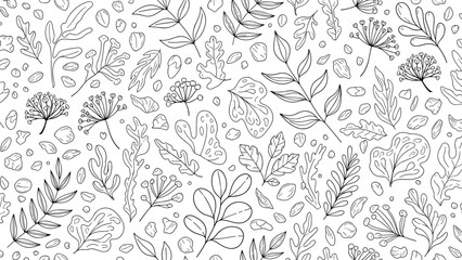 Fototapeta premium Black and white leaf pattern with various plants and flowers