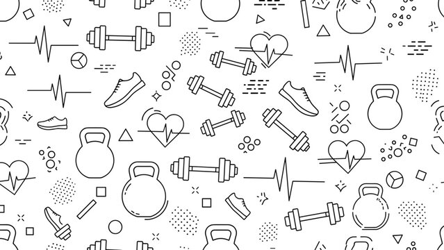 Black and white seamless pattern of fitness icons