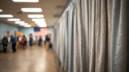Close-up Row of Voting Booths in a Polling Station with an American Flag in the Background