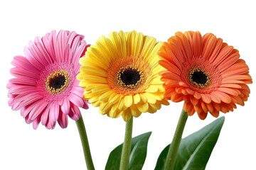 Three Colorful Gerbera Daisies with Green Leaves