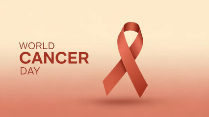 Minimalist design of red cancer awareness ribbon with soft beige to coral gradient background and bold text reading World Cancer Day, representing global health awareness and unity