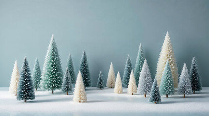 Obraz premium Miniature snowy pine trees arranged on a white surface with a soft blue background, evoking a serene winter landscape.