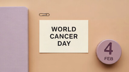 Flat lay of World Cancer Day reminder with text card, lavender circular date block showing February 4, paperclip and notebook on peach background, symbolizing awareness and health planning