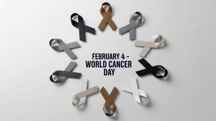 Flat lay of multicolored awareness ribbons arranged in a circular pattern around bold central text reading February 4 - World Cancer Day on light background, symbolizing inclusive support and unity