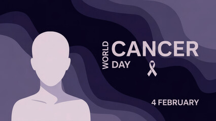 World Cancer Day awareness poster with abstract purple background, bald human silhouette, and support ribbon highlighting global cancer solidarity on February 4