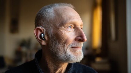 Grey-haired man wearing a discreet hearing aid in a warm portrait highlighting hearing support and everyday accessibility