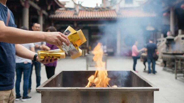 Temple offering ritual with reverent solemn mood burning paper offerings against traditional Asian shrine background