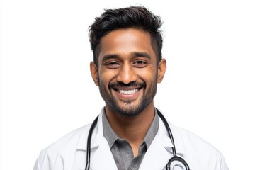 Head-and-shoulders portrait of a friendly Indian medical professional in clinical attire