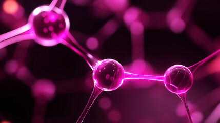 Abstract molecular structure illustration featuring interconnected atoms in vibrant pink hues against a dark background, showcasing scientific concepts and modern technology themes