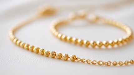 Elegant gold jewelry: bead necklace with coordinating bracelet on pristine backdrop