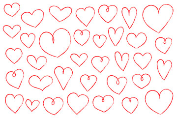 Hand-drawn red hearts vector collection featuring various sizes with rough sketch texture. Perfect for Valentine's Day, love designs, wedding graphics, and romantic illustration projects. PNG