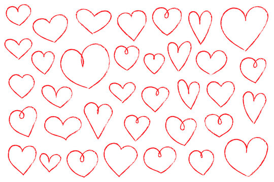 Hand-drawn red hearts vector collection featuring various sizes with rough sketch texture. Perfect for Valentine's Day, love designs, wedding graphics, and romantic illustration projects. PNG