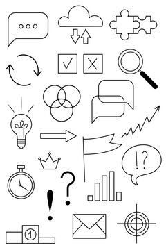 Business and communication icon collection featuring line art symbols for strategy, analytics, teamwork, messaging, and success. Perfect for corporate presentations, infographics, and business design