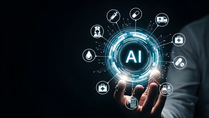 Artificial Intelligence in Medicine Concept with Hand Holding AI HUD Circle and Healthcare Icons