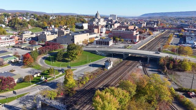 PENNSYLVANIA - 11.10.2025 - Wonderful aerial footage moving over Altoona, Pennsylvania to approach the Cathedral of the Blessed Sacrament.