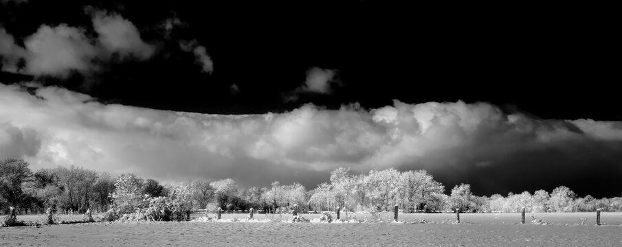 Passing snow squall over a ice and snow covered farmers field in Black and White