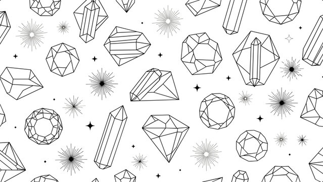 Black and white illustration of various gemstones and stars