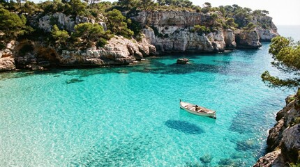 Turquoise cove with boat, rocky cliffs, and lush greenery.