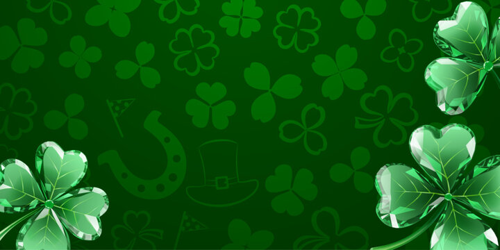 St Patricks day illustration with diamond-like clover and subtle symbols on green background.