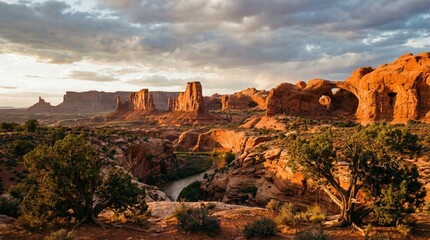 Dramatic arch landscape at sunset, red rock formations.