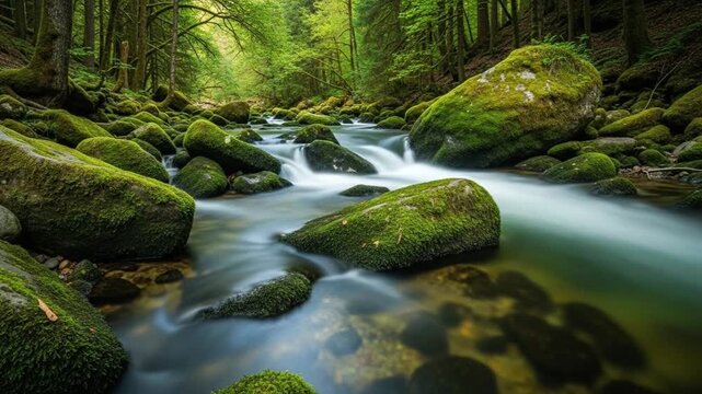 Serene forest stream with moss-covered rocks and flowing water, tranquil nature scene.