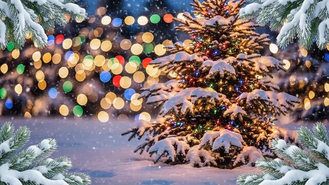 Snowy Christmas Tree with Bokeh Lights, Festive Winter Holiday Scene